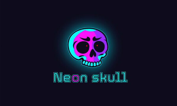 Vector cartoon neon skull. Toon logo or emblem. Glowing bones. Cyan luminous. Fantasy and decal. Funny head. Dark background