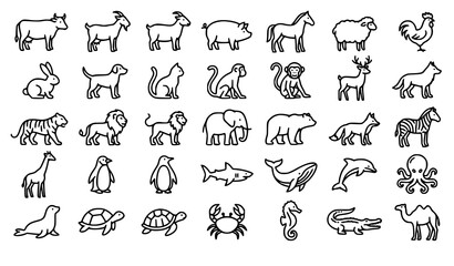 Fototapeta premium Diverse Animal Linear Icons – Farm Wild Domestic & Sea Life Vector Set