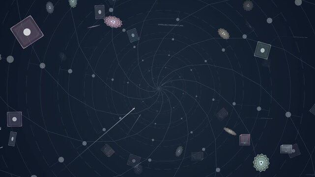 Abstract digital animation of an optical fiber network data stream tunnel showing nodes, files, and data packets traveling through a cyber space spiral vortex with tech UI elements