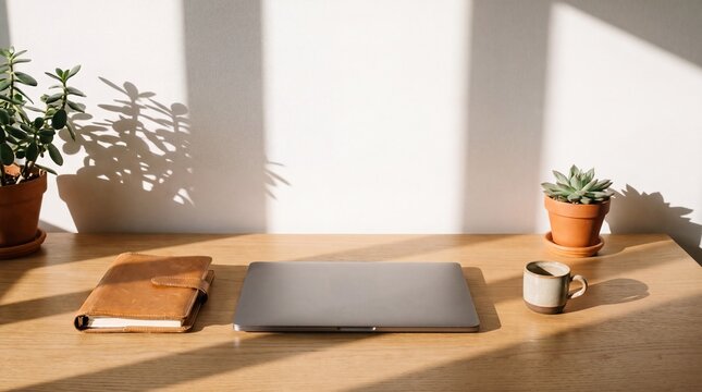 Overhead flat lay of home office desk essentials with closed sleek laptop, leather notebook and succulent plant