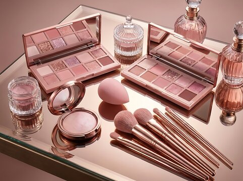 Professional makeup artist tools and products arranged for beauty tutorial demonstration on reflective surface. pink makeup tutorials