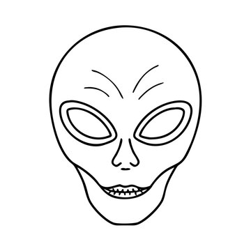 Grey alien face with big eyes and smile - Simple line drawing of a smiling alien with large expressive eyes, minimalist style.