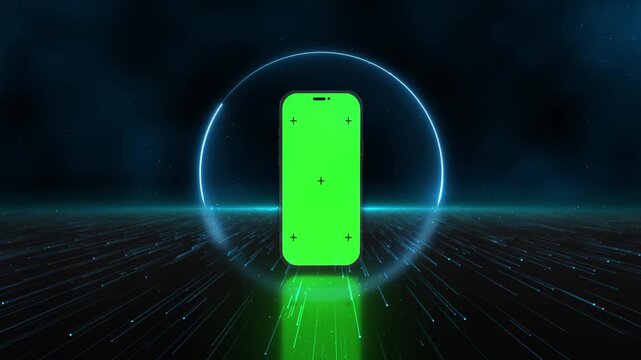 Modern phone display tracking markers green screen digital stage. screen replacement, application previews, website social content, technology commercials, user interface mobile product presentations.