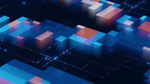 Abstract digital visualization of big data and analytics with layered pixel blocks, glowing network lines and futuristic technology aesthetic, conveying data flow, insight