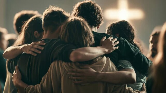 Group of people standing closely together, showing support and unity during a worship service in a church. A cross is visible in the background. The atmosphere is focused on connection.