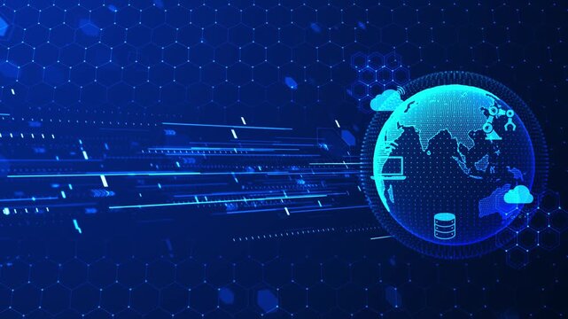 Glowing world sphere hexagon grid, cloud robotic arm streaming data industry. digital transformation, smart manufacturing, internet services, infrastructure, innovation corporate technology film.