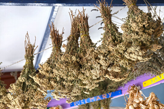 Sale of dried aromatic herbs on the island of Symi, Greece.