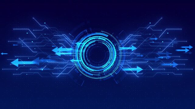 Futuristic dashboard rotating central ring, arrows and connected pathways. dynamic information exchange, upload and download services, digital integration, computing automation, business presentations