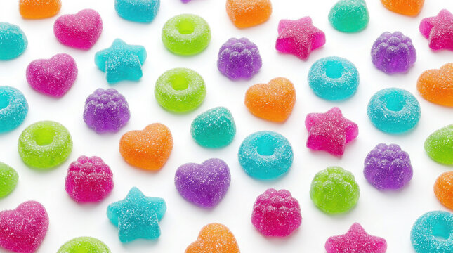 Colorful assortment of sweet gummy candies in various shapes like hearts, stars, generated using ai