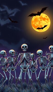 Skeletons boogie under moonlit sky with fluttering bats, night, party