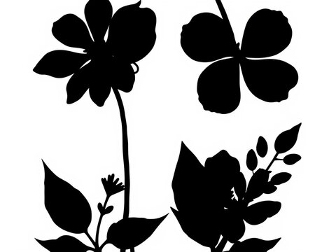 Silhouette of three black flowers with varied petal shapes and leaf arrangements on a white background editable EPS vector, ||petals, silhouettes
