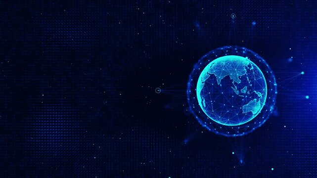 Futuristic world sphere luminous points connected lines generous copy space. globalization, international networks, economy, collaboration, satellite systems, cybersecurity technology advertising.