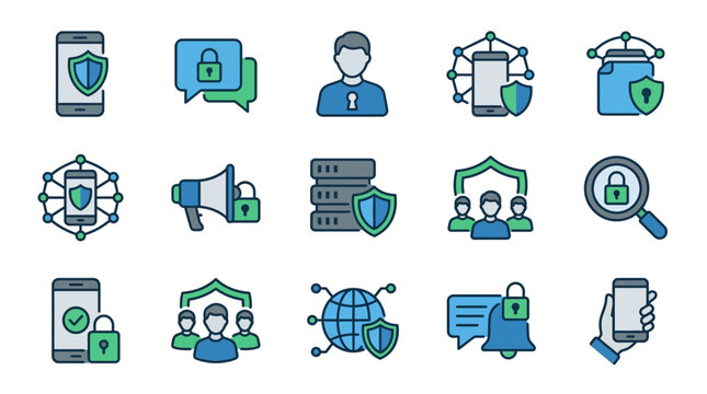 Cyber security and data protection icons featuring shields, locks, secure servers, and network encryption.