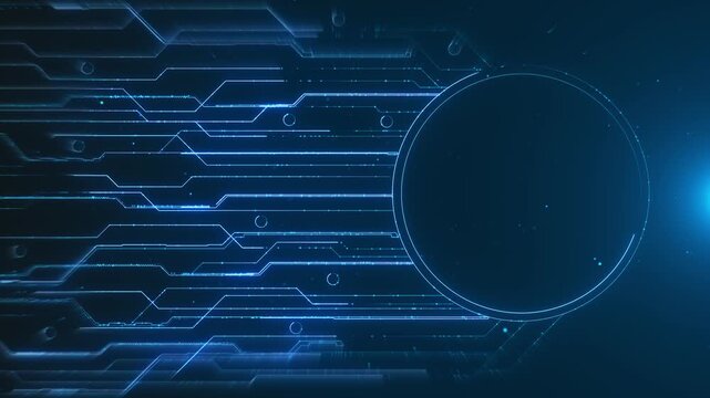 Glowing electronic pathways floating particles display area. modern blue technology suits app showcases, innovation videos, cloud systems, computing services, science corporate titles and logo reveals