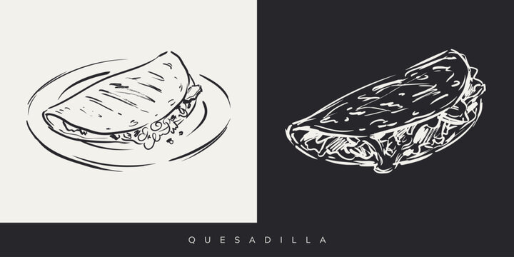 Hand drawn quesadilla sketch vector illustration of Mexican food on white and black backgrounds