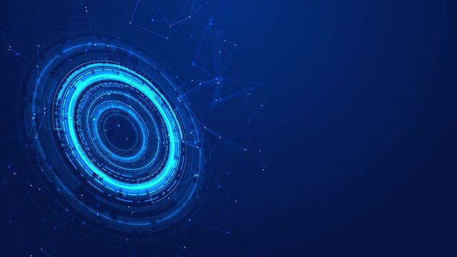 Glowing circular scanner rotates deep technology background connected lines particles. cyber security, biometric access, dashboards, automation, computing, research, innovation, logo reveals title.