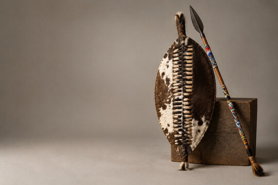 Zulu-inspired hide shield and beaded spear on studio surface, African heritage and cultural craft concept