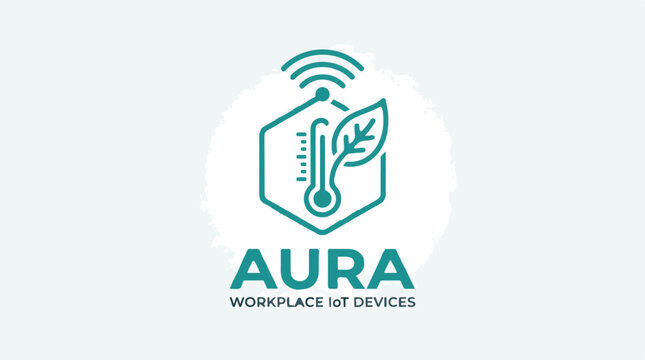 Aura logo design featuring a thermometer leaf and wireless connection icon