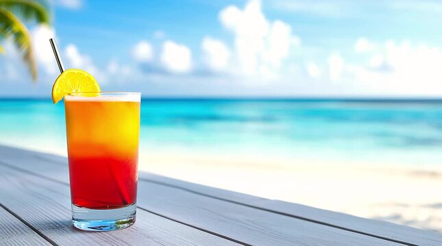 A delicious cocktail on a tropical beach against a backdrop of the ocean and clear sky