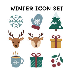 Fototapeta premium Cute hand-drawn winter and Christmas holiday icon collection featuring flat decorative elements: snowflake, cozy mitten, snowy pine tree, cute reindeer heads, gift boxes with bows, hot winter coffee 