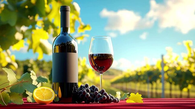 A bottle and glass of wine against a backdrop of vineyards on a sunny day