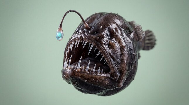 Deep-sea Anglerfish with Open Jaws on Sage Green Background