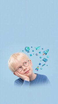 Pensive blond boy with glasses daydreaming, with creative and educational icons, on a soft blue background