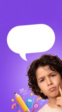 Pensive boy with a speech bubble and flying school items, thinking hard on a purple background