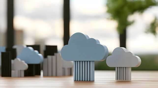 Minimalist cloud shaped objects arranged on a wooden surface with blurred background elements