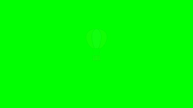A striped hot air balloon assembles with suspension ropes and a basket then rises upward. Isolated on a pure green chroma key background.