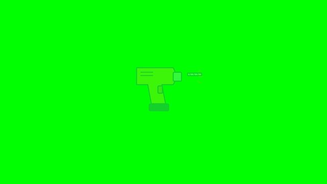 A cordless drill assembles, its bit vibrates during drilling, and short motion marks appear. Isolated on a pure green chroma key background.