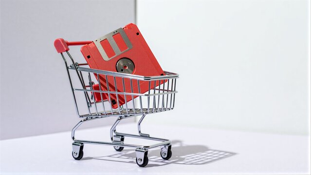 Red floppy disk in miniature shopping cart, symbolizing digital data as a commodity.