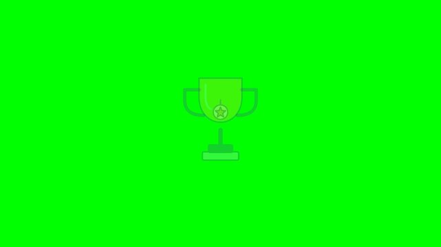 A trophy rises onto a plinth, its handles appear, and a medal swings gently on the cup. Isolated on a pure green chroma key background.