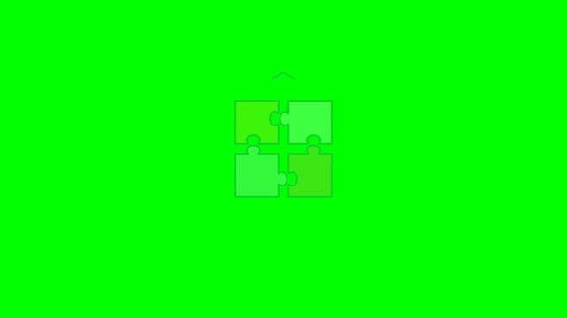 Four interlocking puzzle pieces slide in from different directions and settle into a complete square. Isolated on a pure green chroma key background.