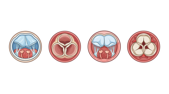 Set of human heart valves top view diagram, showing mitral and aortic valve anatomy in healthy and diseased states, medical illustration