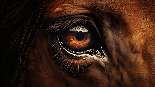 Extreme closeup of a brown horse eye reflecting light and eyelashes.