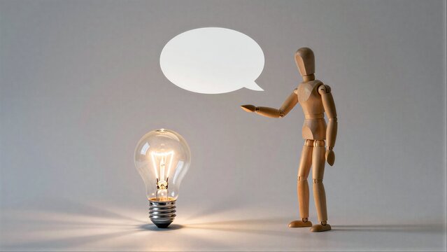 Wooden figure gestures toward glowing bulb, symbolizing idea or innovation.
