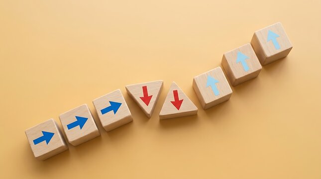 Wooden Blocks Showing Directional Arrows Up and Down Trend