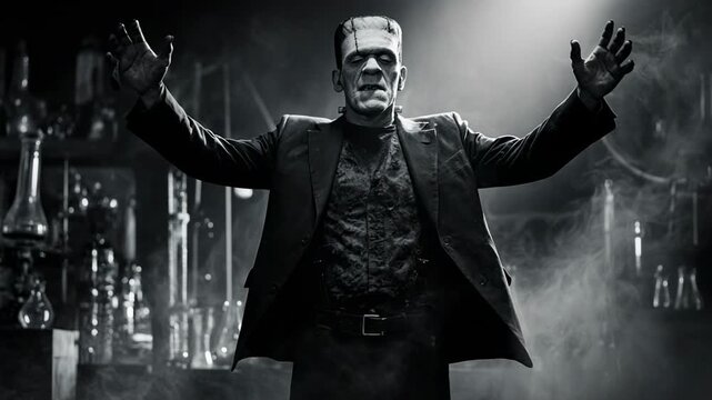Frankenstein Monster standing in a smoky industrial laboratory with dramatic lighting and cinematic motion