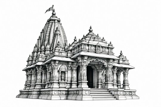 Detailed black and white architectural illustration of a traditional hindu temple with intricate carvings