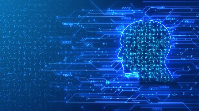 Modern head silhouette filled luminous nodes smart computing digital cognition. AI innovation, deep learning, assistants, brain research, algorithms, robotics, analytics, education business technology