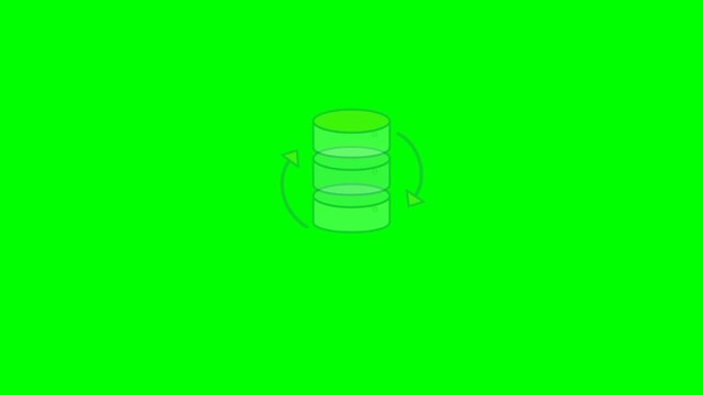 Three database tiers stack upward, status lights switch on, and two arrows orbit the storage stack to indicate synchronization. Isolated on a pure green chroma key background.