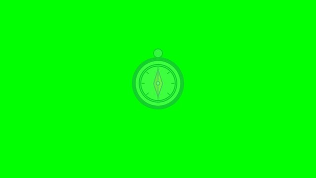 A compass dial assembles, its needle swings past north and settles while the dial remains visible. Isolated on a pure green chroma key background.