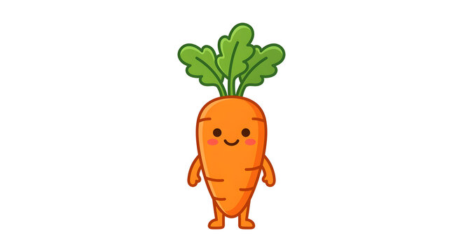 Cute smiling carrot character with big eyes and green leaves, happy vegetable mascot illustration