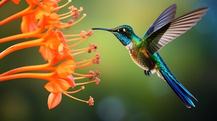 Fototapeta premium Hummingbird feeding on nectar from bright orange flowers in garden.