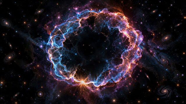 Glowing cosmic supernova nebula ring in deep space with galaxies