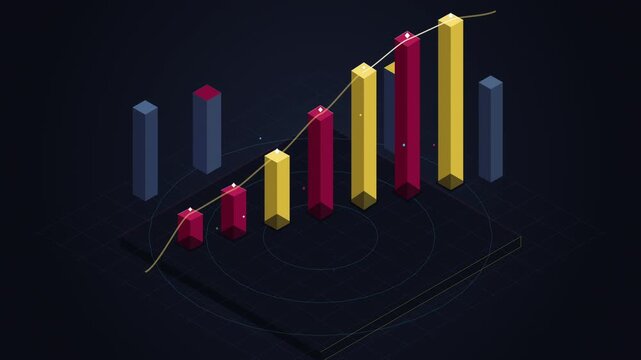 Growing bar chart graphic shows upward trend in pixelated isometric view, business growth concept, analytics data
