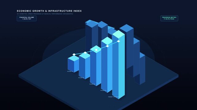 Isometric 3d bar chart animation showing upward trend, growth, data analysis, financial report, digital statistics, blue glowing bars on dark background