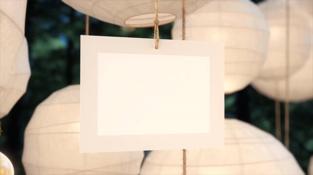Blank Paper Card Hanging Amidst Glowing Decorative White Paper Lanterns.
