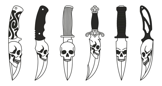 Collection of six black and white outline illustrations featuring various dagger knife designs combined creatively with human skull motifs in a striking tattoo art style weapon